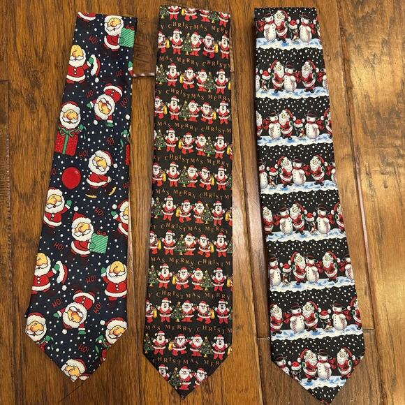 Lot of 3 Vintage Christmas Novelty Ties – Santa & Snowman Prints Holiday Necktie - Picture 1 of 7